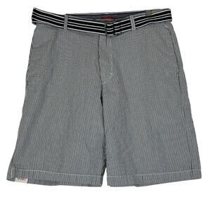 NWT Izod Shorts Mens 34 Blue White Stripe Belted 100% Cotton Seersucker Nautical